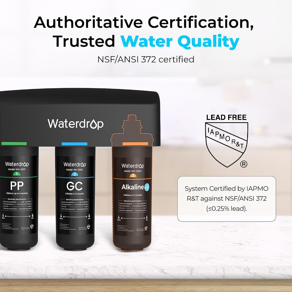 Waterdrop TSB-ALK 8 Layer Slightly Alkaline Under Sink Water Filter System, Reduces PFAS, PFOA/PFOS, Fluoride, Chlorine, Bad Taste & Odor, with Dedicated Faucet, Under Sink Water Filtration System