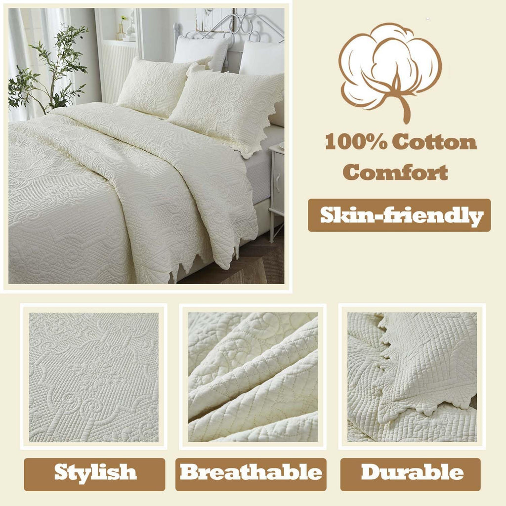 Brandream King Size Quilt Set Cotton Scalloped Quilt Cream Yellow 3 Piece | Real Stitching