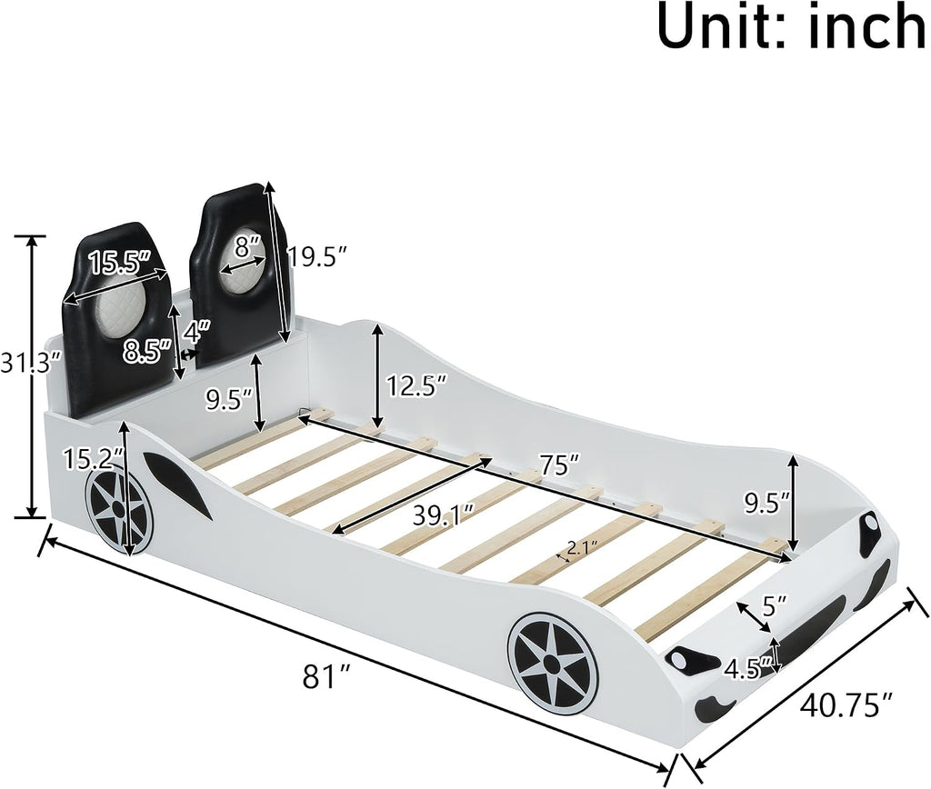 Race Car-Shaped Platform Bed with LED and Upholstered Backrest,Wood Bed Frame with Slat for Bedroom,No Box Spring Needed (White, Twin)