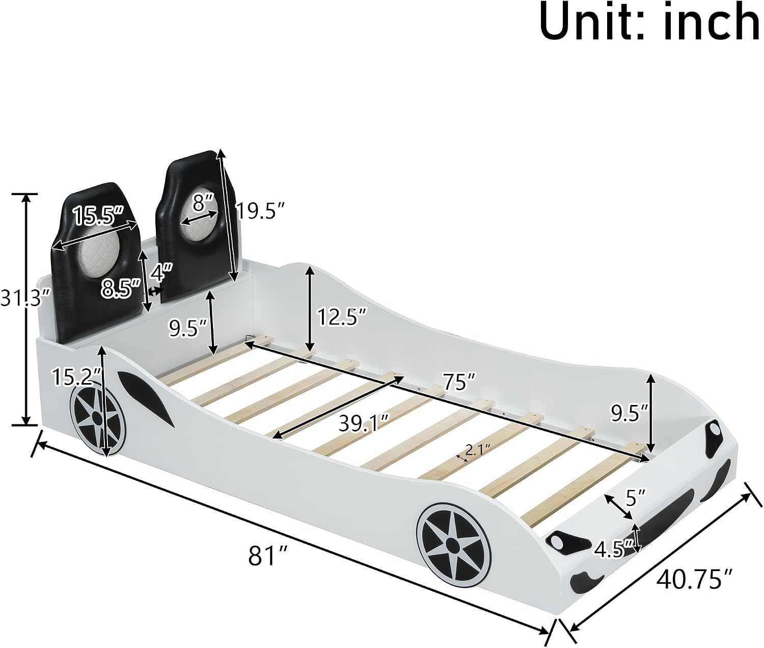 Race Car-Shaped Platform Bed with LED and Upholstered Backrest,Wood Bed Frame with Slat for Bedroom,No Box Spring Needed (White, Twin)