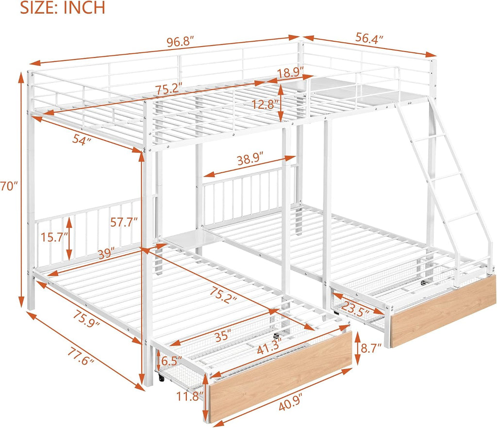 DEINPPA Triple Bunk Bed with Drawers, Can Be Separated into 3 Beds, Full Over Twin & Twin Bunk Bed,Metal Bed for Adult Kids Student Dormitory Bedroom Furniture Set, White