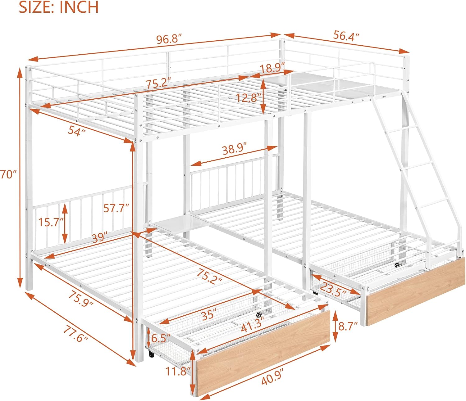 DEINPPA Triple Bunk Bed with Drawers, Can Be Separated into 3 Beds, Full Over Twin & Twin Bunk Bed,Metal Bed for Adult Kids Student Dormitory Bedroom Furniture Set, White