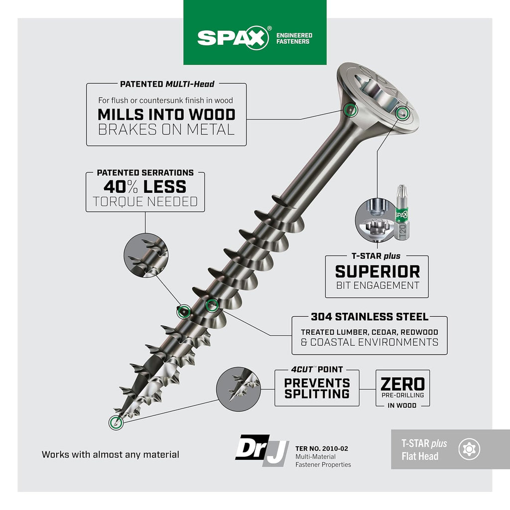 #10 x 3 Exterior Flat Head Construction Wood Screws (340 pcs) T20+ T-Star Plus Stainless Steel