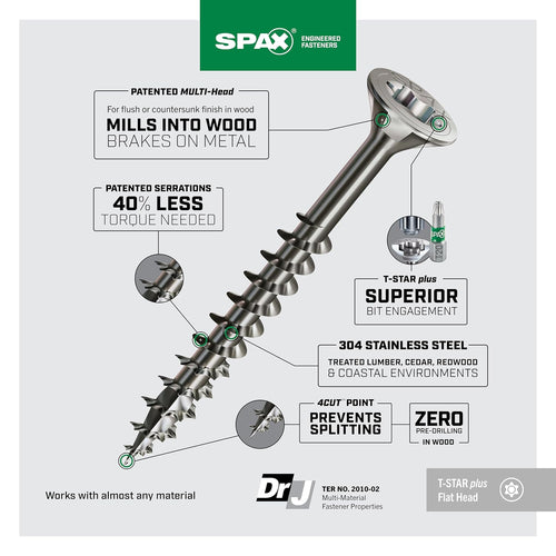 #10 x 3 Exterior Flat Head Construction Wood Screws (340 pcs) T20+ T-Star Plus Stainless Steel