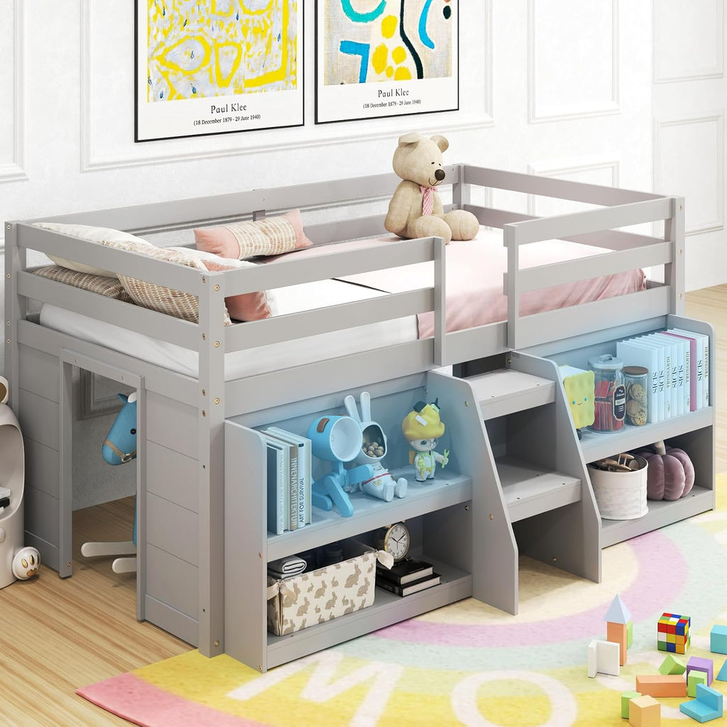 KOMFOTT Low Loft Bed with LED Light & 2 Bookcases, Wood Kids Twin Bed with Under-Bed Play Space, Stairs & Guardrails, No Box Spring Needed, Modern Low Loft Bed Frame, Grey