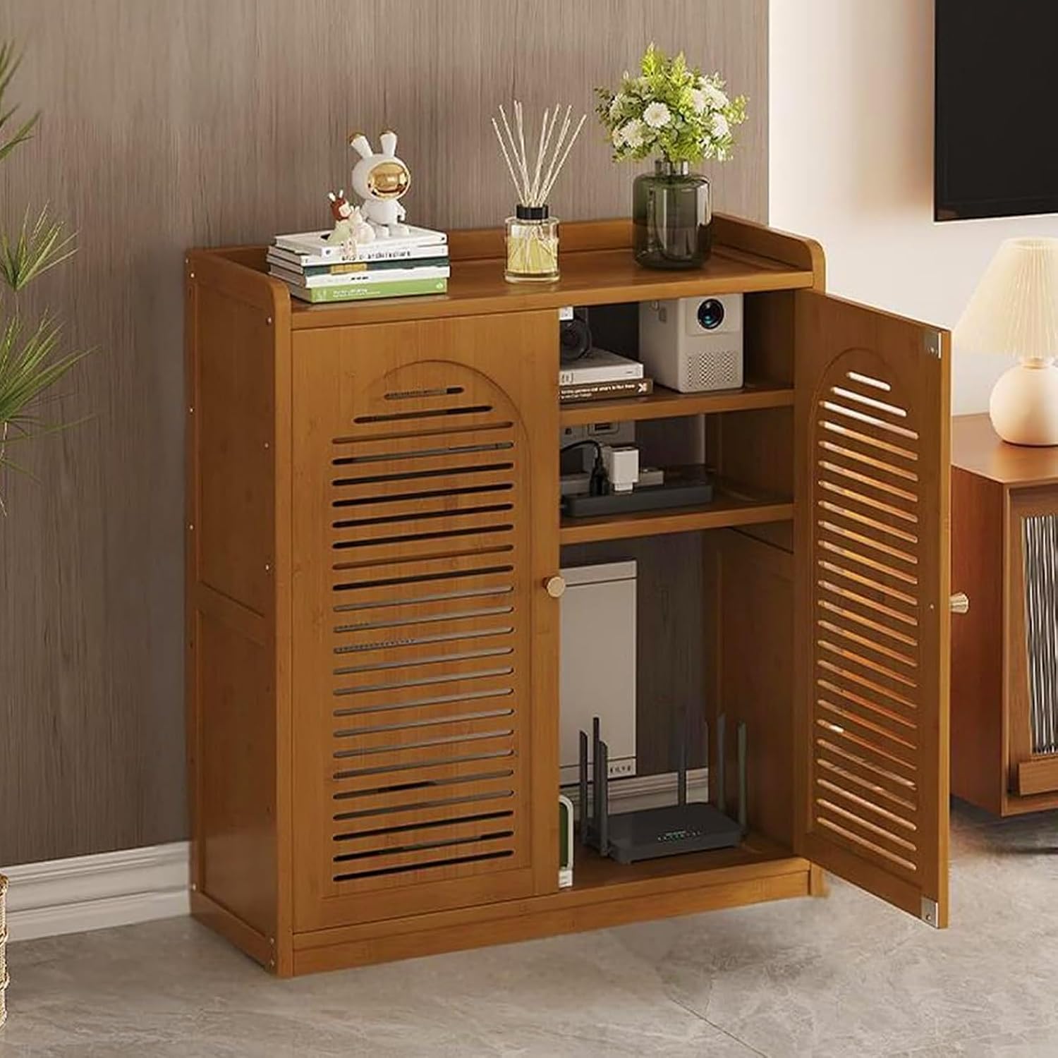 HARELA Decorative WiFi Router Storage Cabinet, WiFi Router Hidden Box with Ventilation & Cable Management, Home Media Storage Cabinet for Office & Living Room(Brown B,32.3x23.2x9.8in)