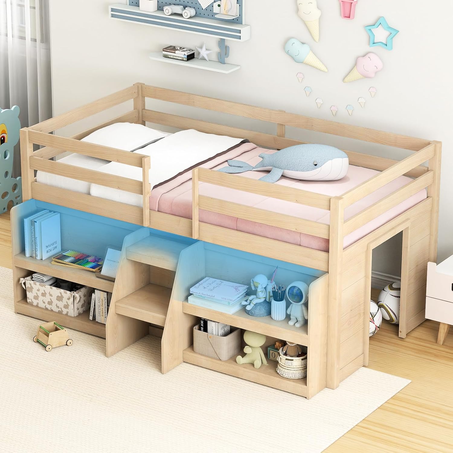 KOMFOTT Low Loft Bed with LED Light and 2 Bookcases, Wood Kids Twin Bed with Under-Bed Play Space, Stairs & Guardrails, Modern Loft Bed for Kids, No Box Spring Needed (Natural)