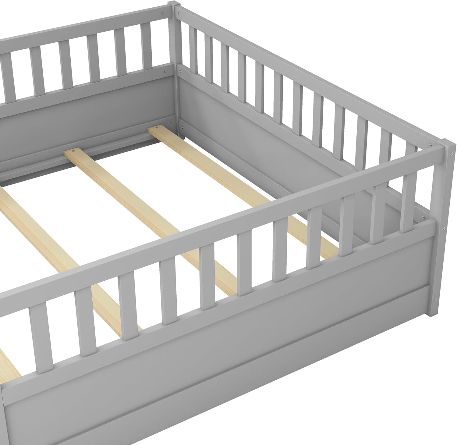 Bellemave Full Size Floor Bed with Slats and Door, Full Size Montessori Floor Bed with Rails, Easy Assemble Montessori Beds Frame for Bedroom, Gray