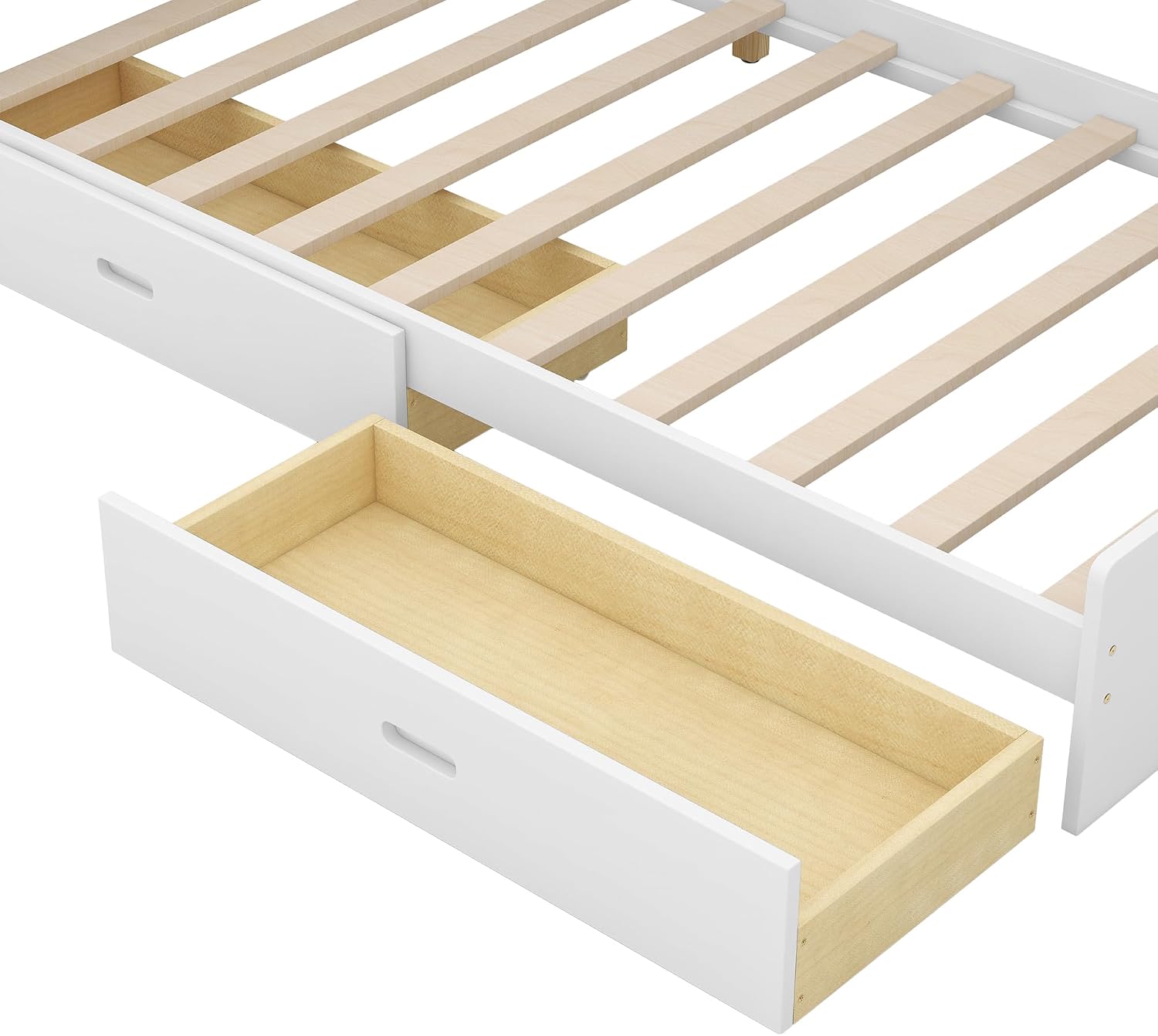 Twin Size Platform Bed with Storage Headboard and Shelves, Wooden Daybed Frame with Side Bookcase and 2 Drawers,Wood Slat Support, Rotatable Storage Board (White-83J)