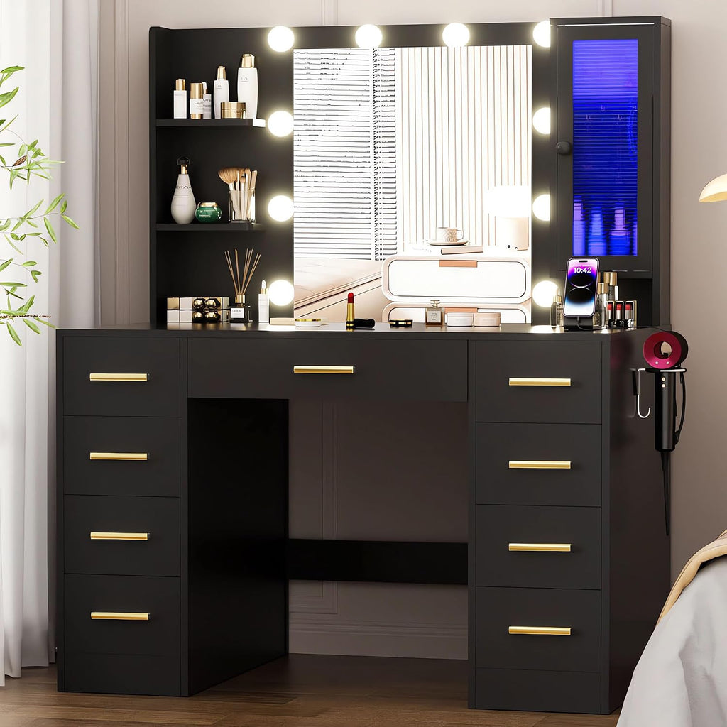 ERLEJIA Vanity Desk with Mirror and Lights, 43' Large Makeup Dressing Table with 9 Drawers, 3 Open Shelves, RGB LED Lighting & Power Outlet, Black