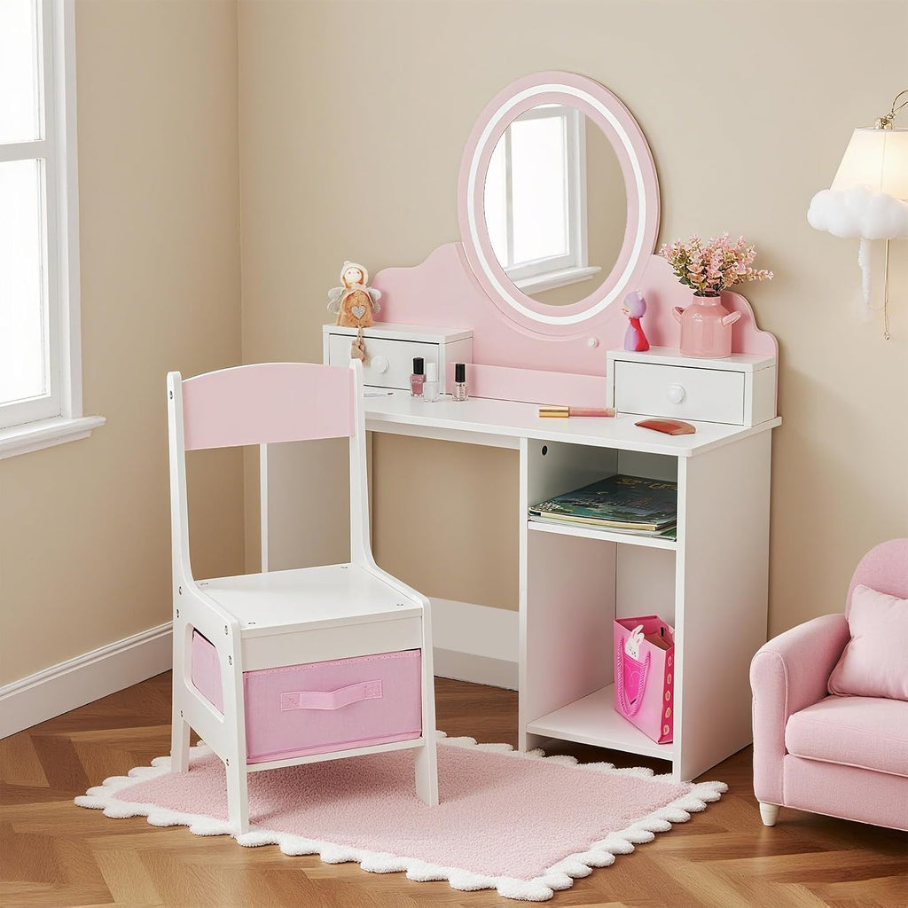 JOYLDIAS Kids Vanity Set with Lights, Pink Girls Vanity with Mirror and Chair, 2-in-1 Toddler Makeup Vanity Desk with 2 Drawers, Storage Cabinet & Shelves, Dressing Table for Kids Ages 3+