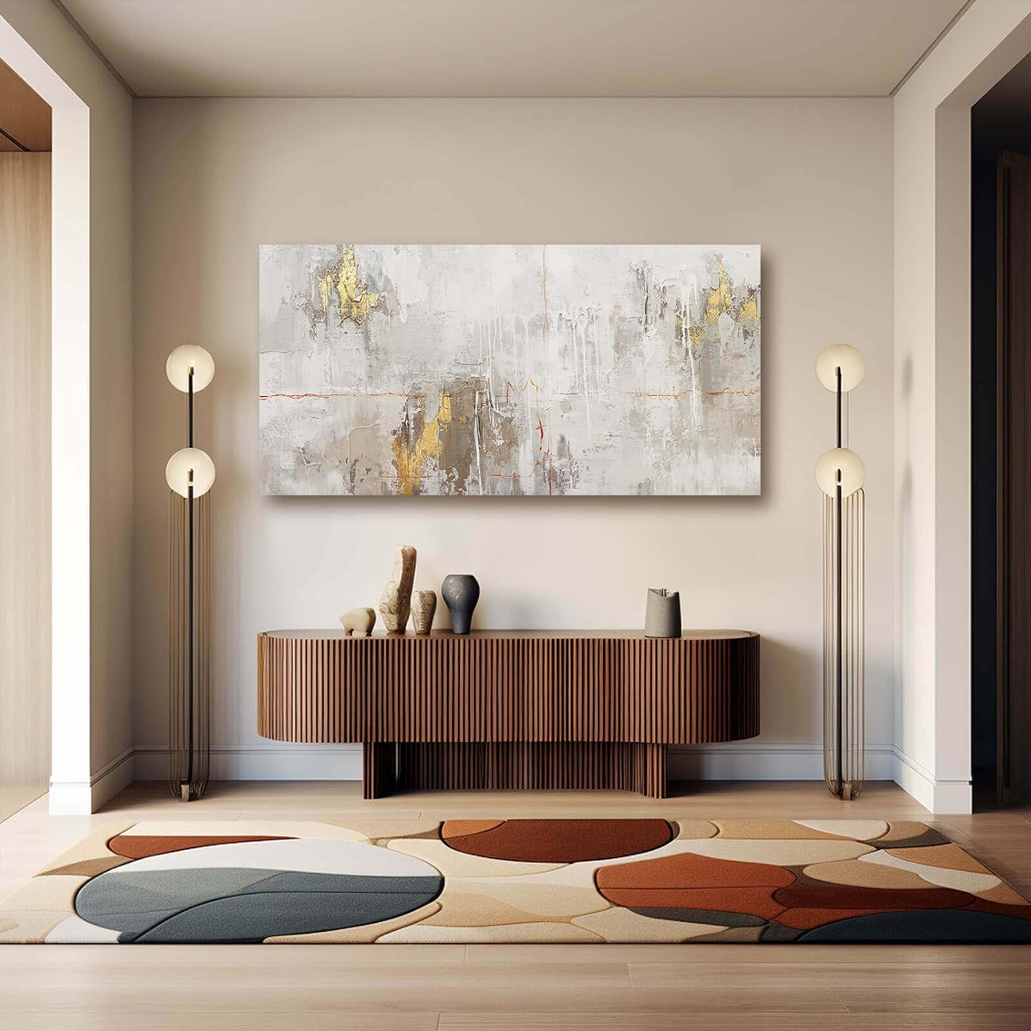 VAYIMDH Minimalist Wall Decor White with Gold Canvas Wall Art Grunge Posters Modern Abstract Paintings for Living Room Bedroom Dining Room 29'x 58'