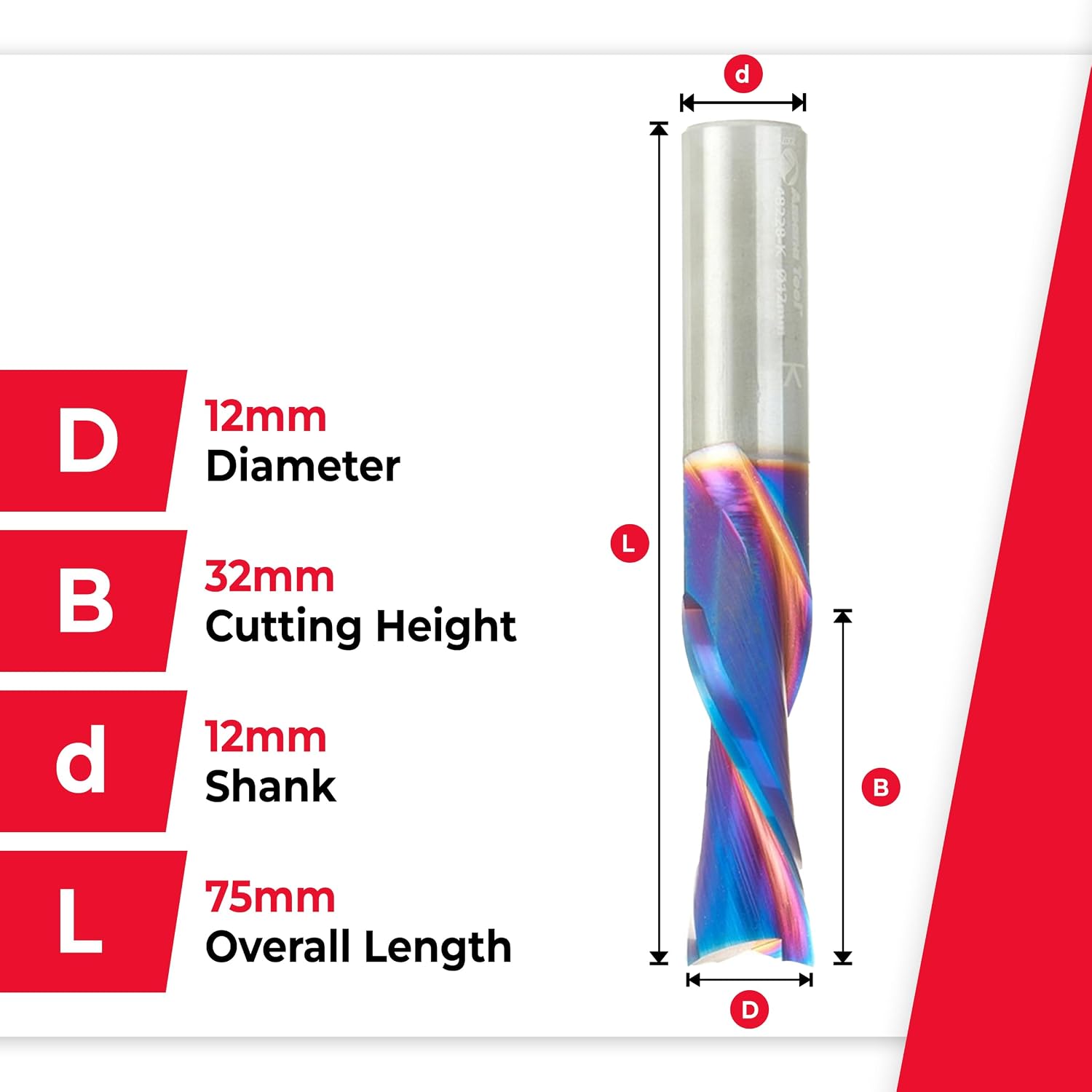 Amana Tool Solid Carbide Spektra Extreme Tool Life Spiral Plunge Router Bit Down-Cut, 48228-K, 12mm Dia x 32mm CH x 12mm Shank 75mm Long