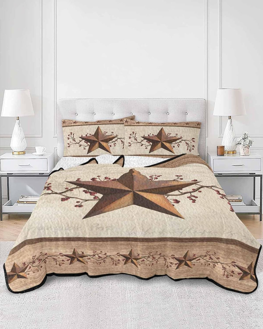 Quilt King Size Bedding Set, Farmhouse Texas Star Brown Lightweight Summer Quilt 3 Pieces Bedding Sets, Berry Vintage Wooden Reversible Soft Bedspreads Coverlets with 2 Pillow Shams for All Season