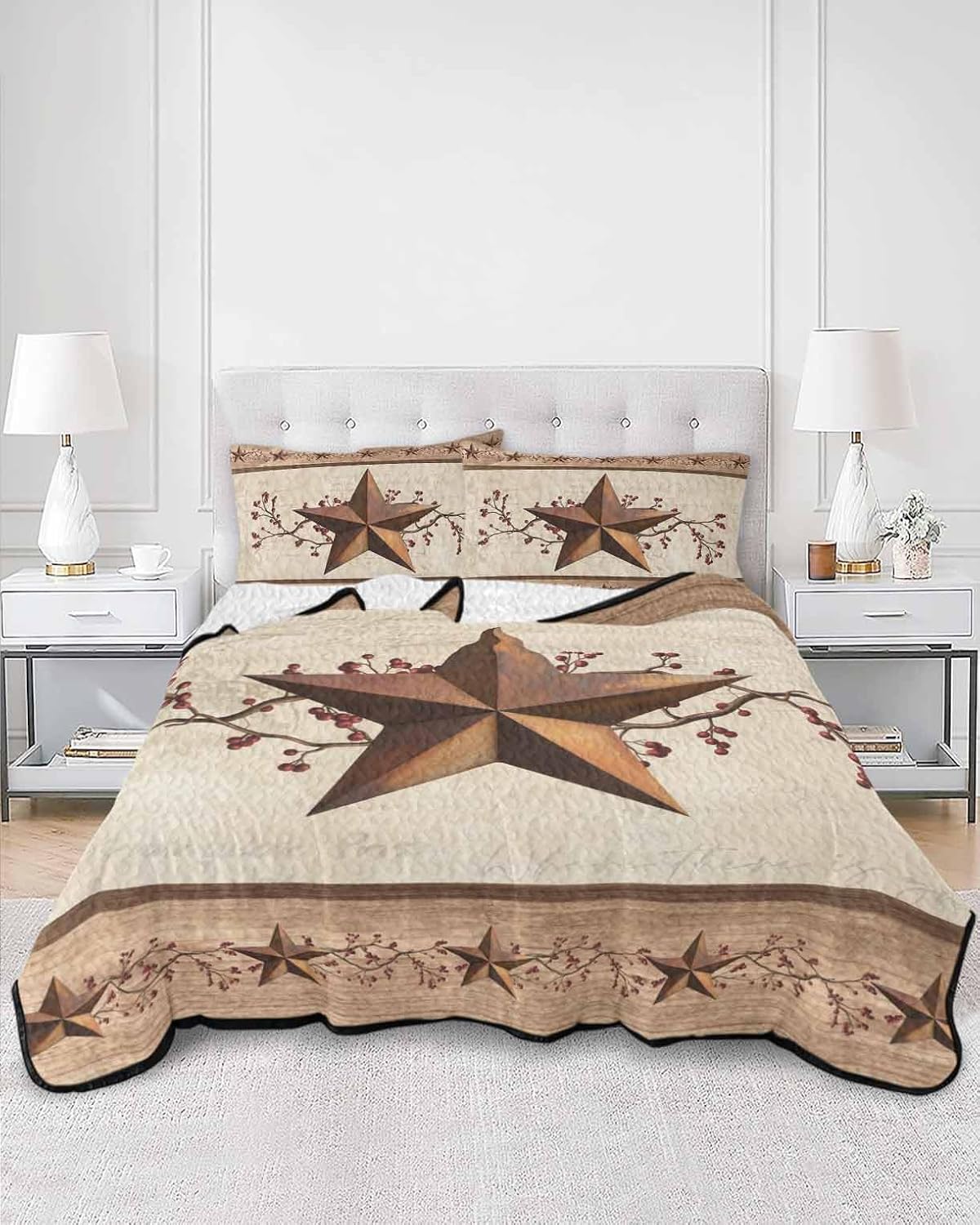 Quilt King Size Bedding Set, Farmhouse Texas Star Brown Lightweight Summer Quilt 3 Pieces Bedding Sets, Berry Vintage Wooden Reversible Soft Bedspreads Coverlets with 2 Pillow Shams for All Season