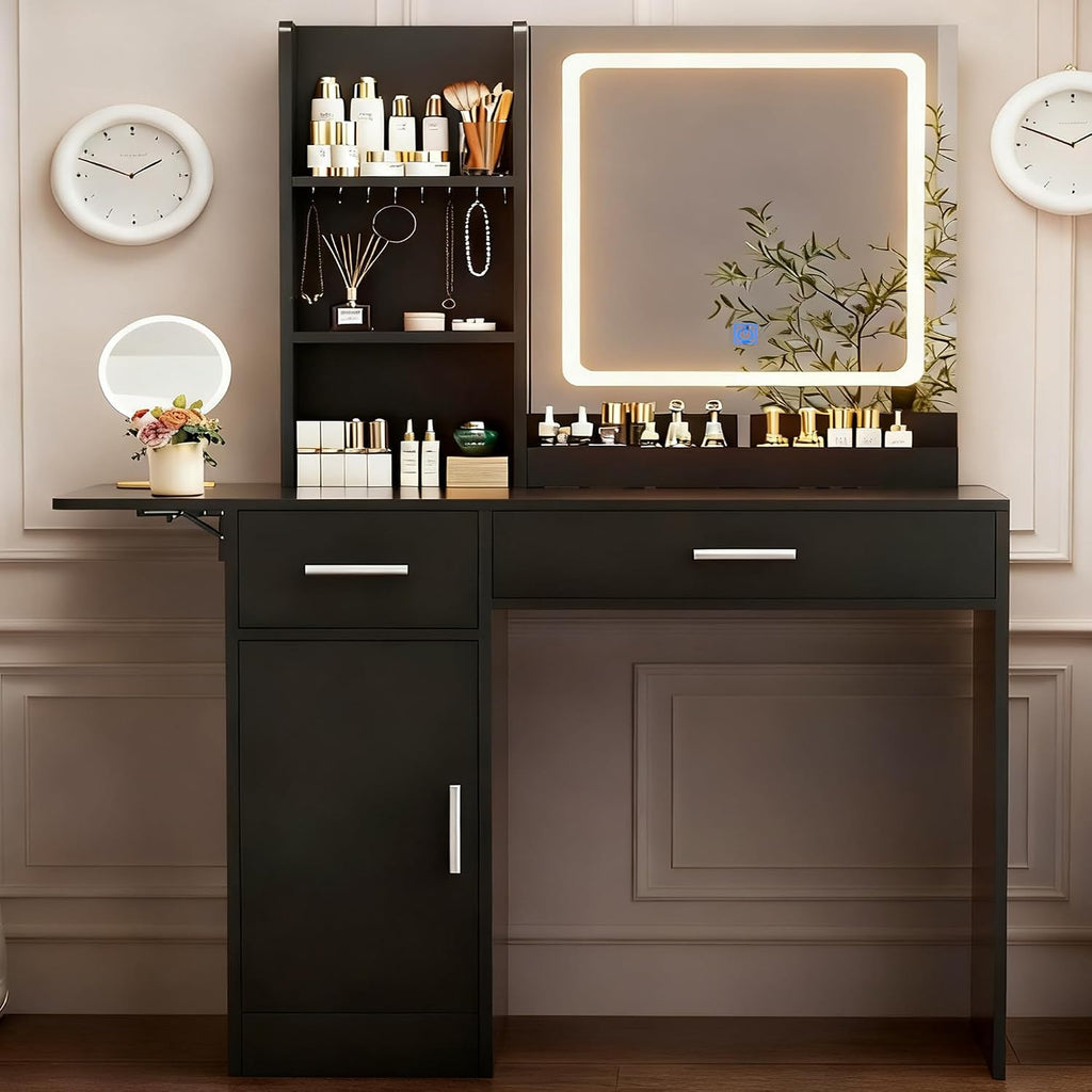 ERLEJIA Vanity Desk with Mirror and Lights, 39.37' 4 Drawers Makeup Desk Without Stool, Extra Foldable Desk with 3 Open Shelves Make Up Table for Girls and Ladies Bedroom, Black