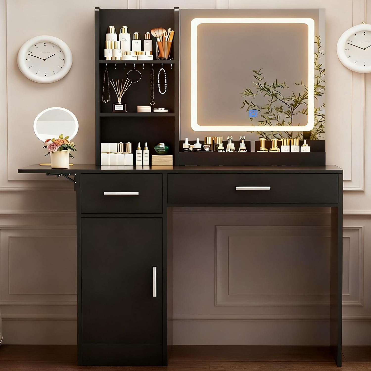 ERLEJIA Vanity Desk with Mirror and Lights, 39.37' 4 Drawers Makeup Desk Without Stool, Extra Foldable Desk with 3 Open Shelves Make Up Table for Girls and Ladies Bedroom, Black