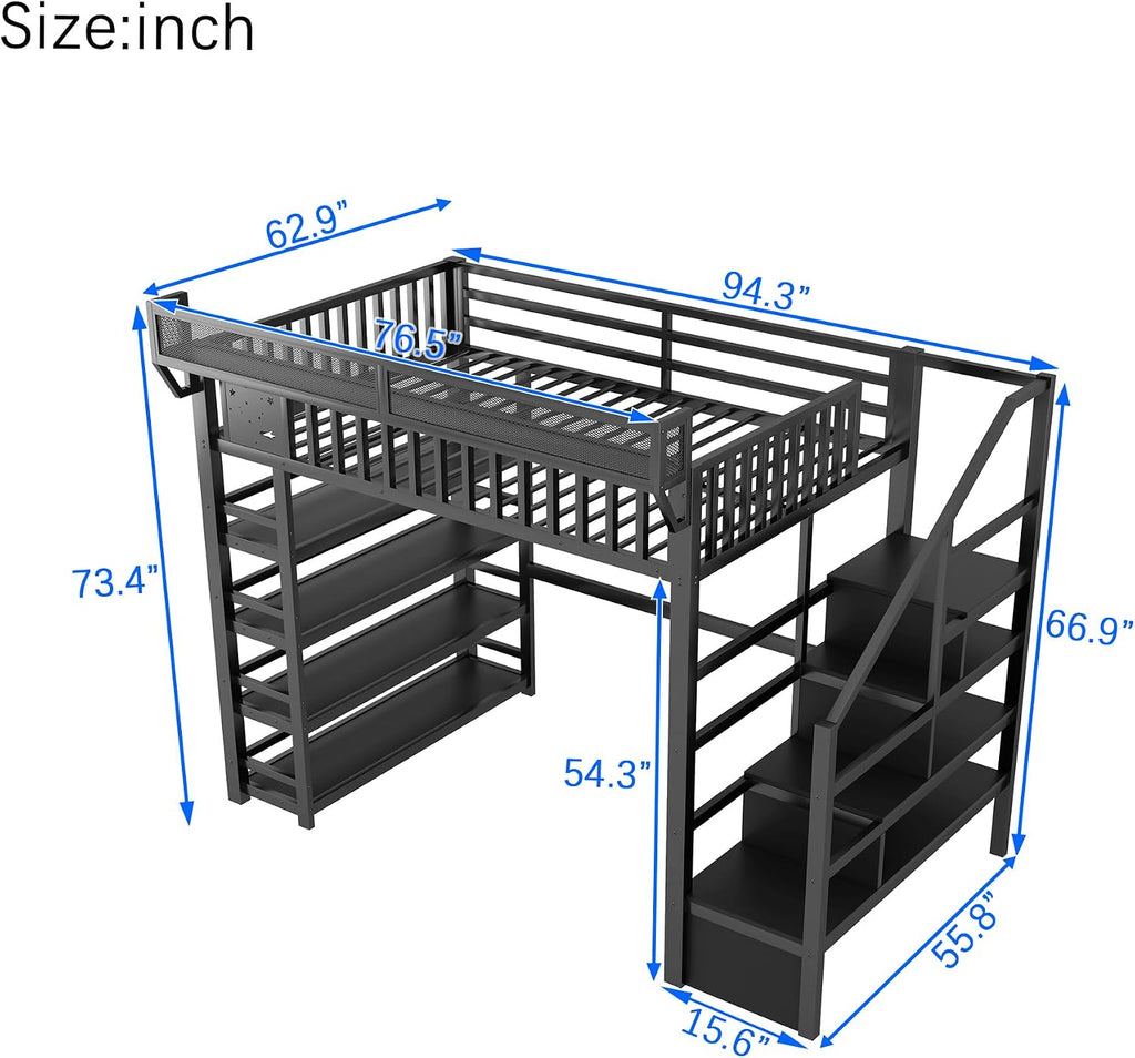 JIVOIT Metal Full Loft Bed with 4 Shelf Storage Rack, Stairs Storage, Open Shelves for Upper, Space-Saving Full Loft Bed with Guardrails and Metal Slats Support for Kids Teens (Black/1)