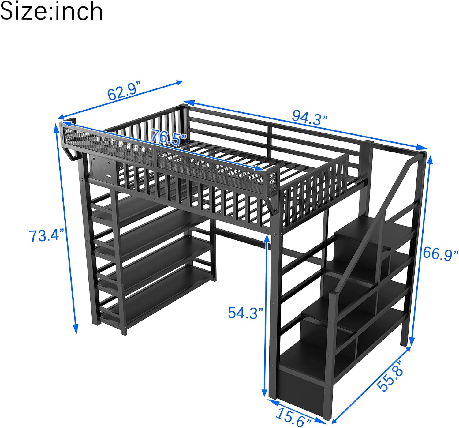 JIVOIT Metal Full Loft Bed with 4 Shelf Storage Rack, Stairs Storage, Open Shelves for Upper, Space-Saving Full Loft Bed with Guardrails and Metal Slats Support for Kids Teens (Black/1)