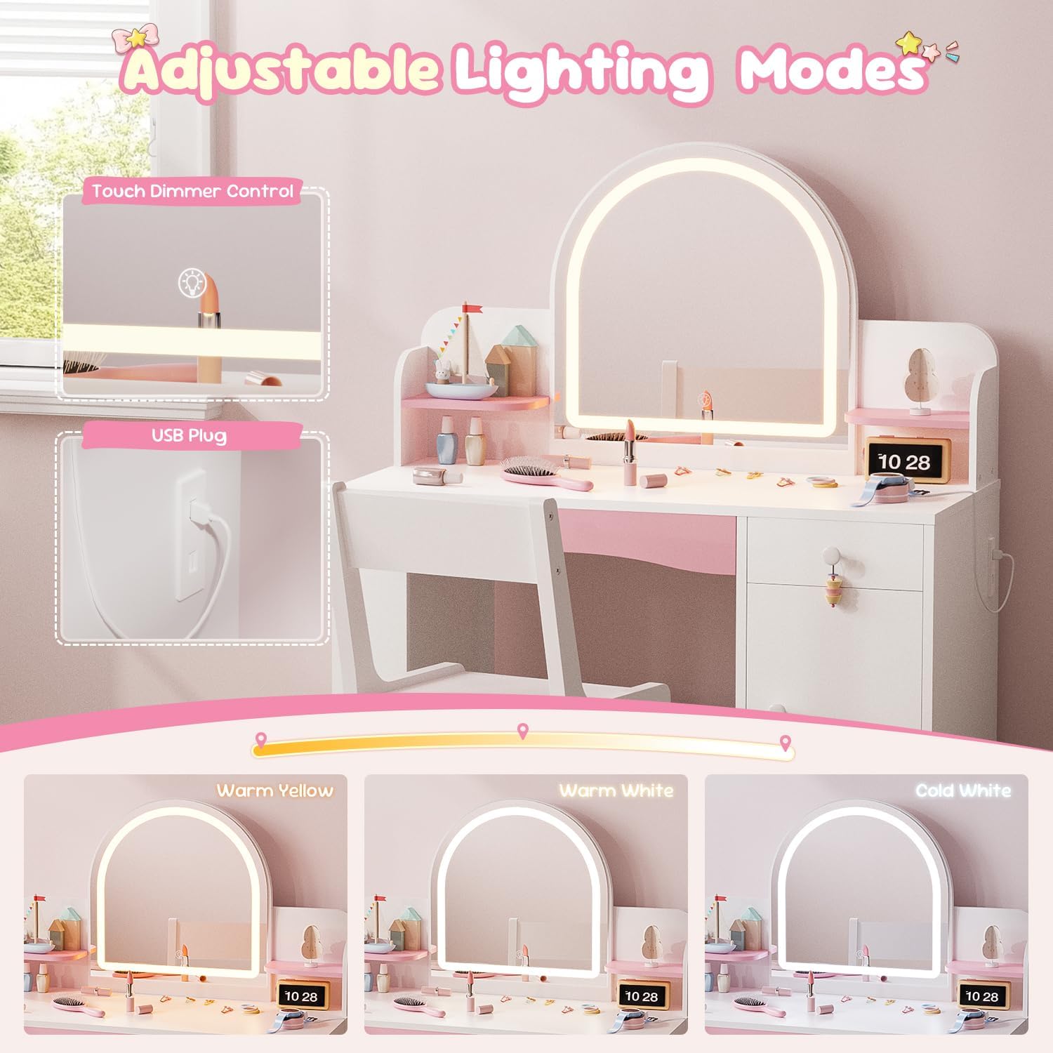 Teckid Kids Vanity Set with Chair and Lights, 2 in 1 Princess Makeup Desk, Toddler Vanity Table with Lighted Mirror, Open Bookshelf, Shelves, Drawers and Storage Cabinet for Little Girls (White)