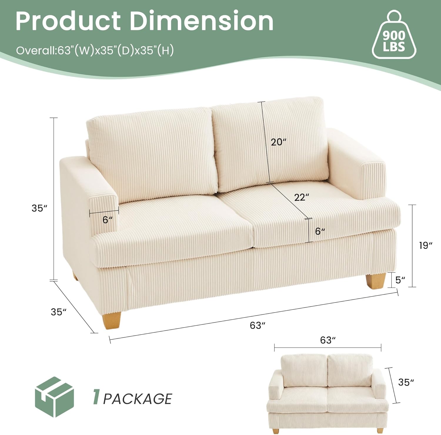 Fiona's magic 3 Pieces Corduroy Couch Set for Living Room, 7 Seats Cloud Sofa, Deep Seat Floor Couch for Bedroom, Futon Modern Sofa Bed, White Corduroy