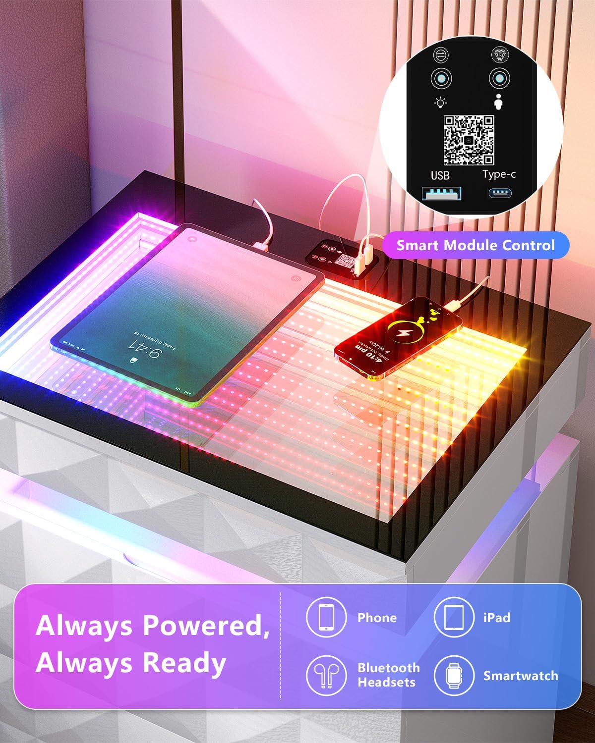 Bedside Table with Charger Station and RGB Lights, Nightstand with 3 Drawers and Sliding Top, Modern Night Stand with Human Body Sensor for Bedroom & Living Room, White