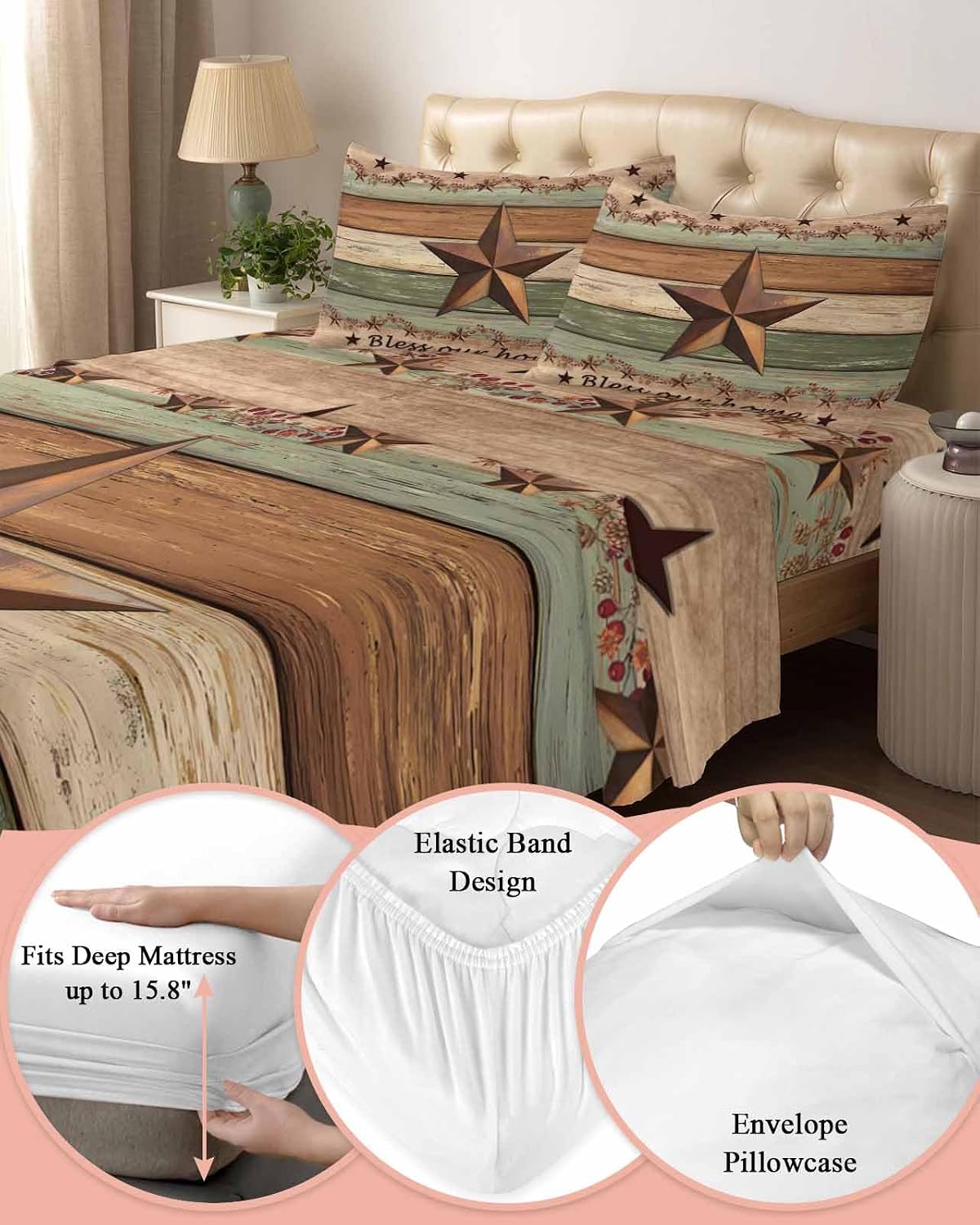 Western Texas Star Retro Cal King Sheet Set 4 Piece Bedding - Vintage Farmhouse Green Brown Wooden Breathable Comfy Cooling Bed Sheets & Pillowcase Sets, Hotel Flat Sheets Deep Pockets Fitted Sheet