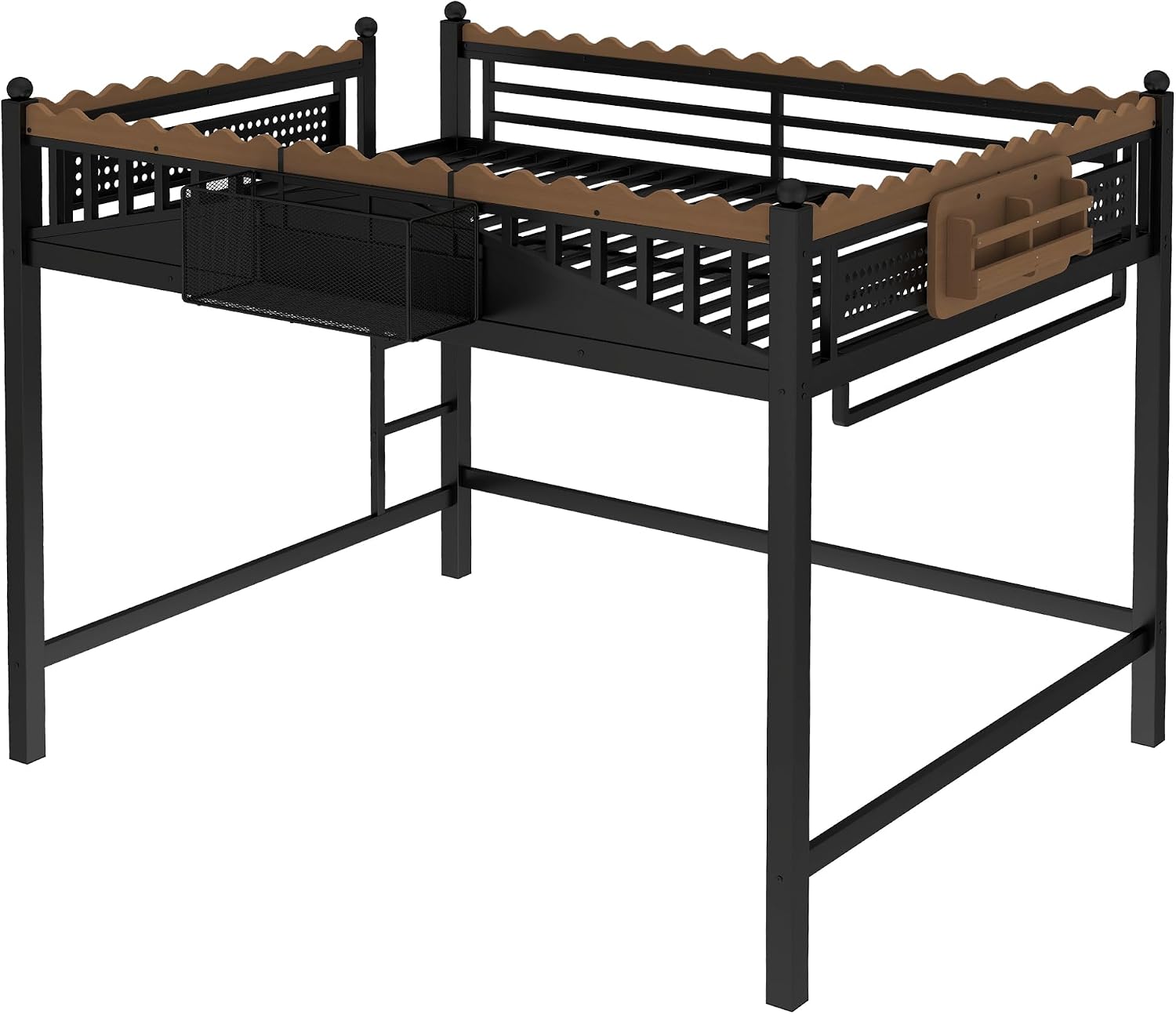 JIVOIT Metal Loft Bed with Built-in Storage Shelves and Bookshelf, Queen Size Metal Loft Bed with Safe Ladder & Guardrail, Space-Saving Loft Bed, No Box Spring Needed and Chic Design
