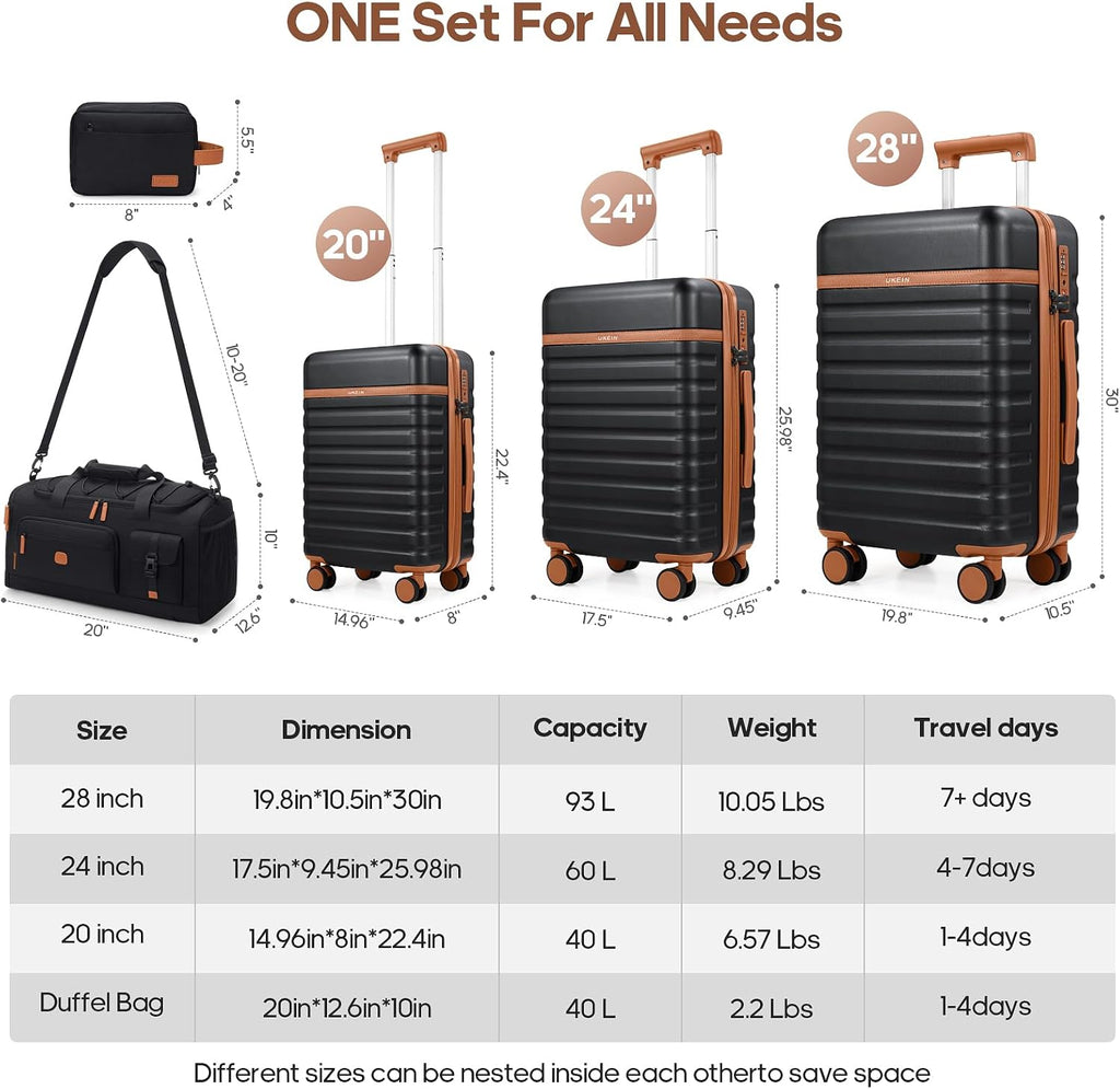 UKEIN Luggage Sets 5 Piece, Carry On Luggage 20In With Spinner Wheels, Hardside Suitcase Set with TSA Lock,Durable Large Suitcase With Travel Backpack for Men-20/24/28in (Black, 5 piece set)