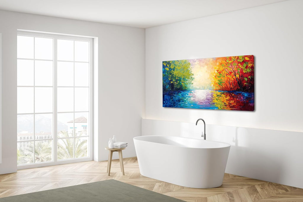 Beautiful River Scenery and Colorful Forests On Both Sides Palette Knife Painting Wall Art Decor Artwork for Bedroom (30x60 Inches)
