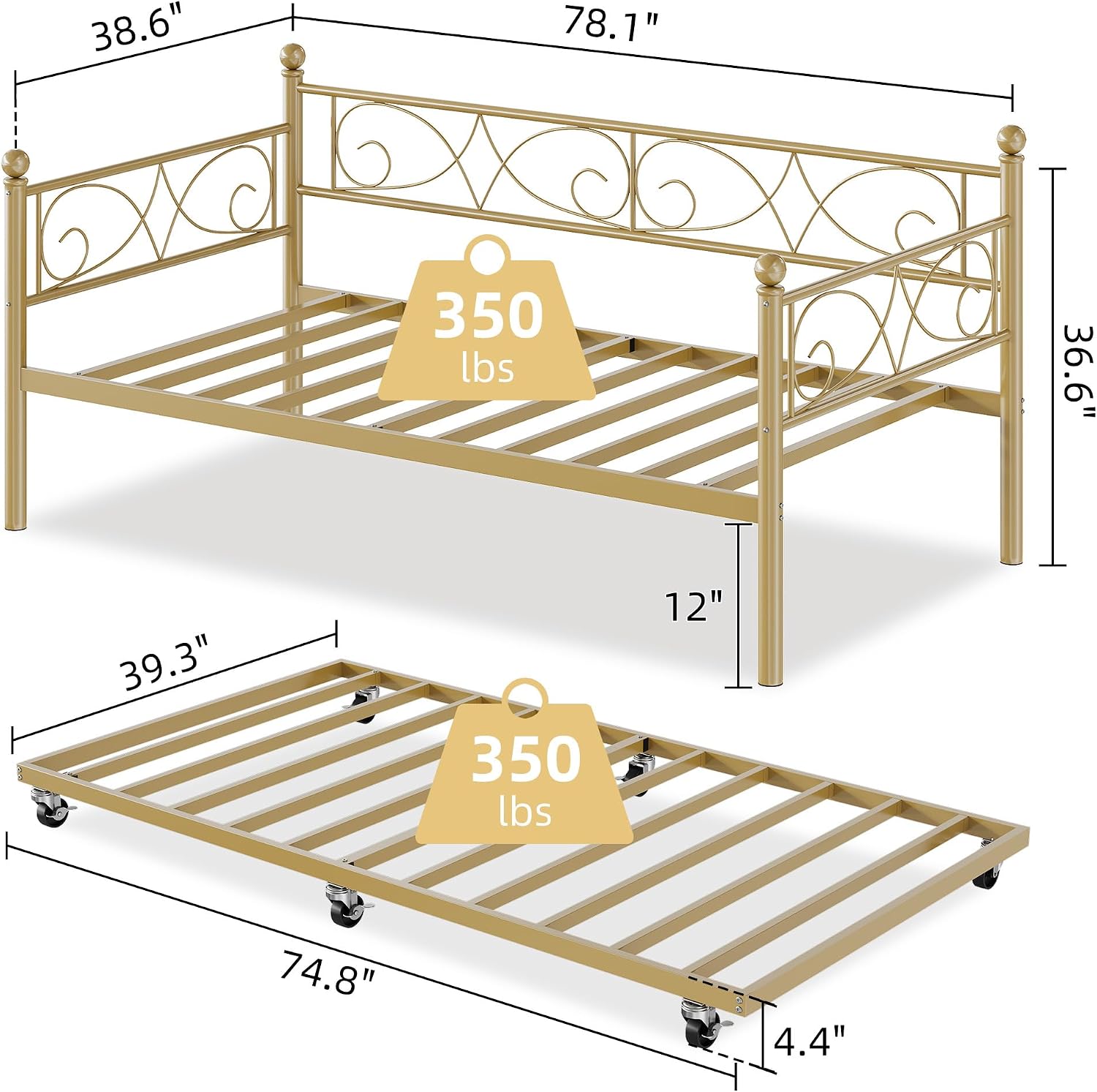 Heavy Duty Twin Daybed with Trundle, Metal Sofa Bed Frame with Floral Headboard & Slats, No Box Spring Needed, Multifunctional Platform Bed for Guest Room, Bedroom,Set Gold Twin Size