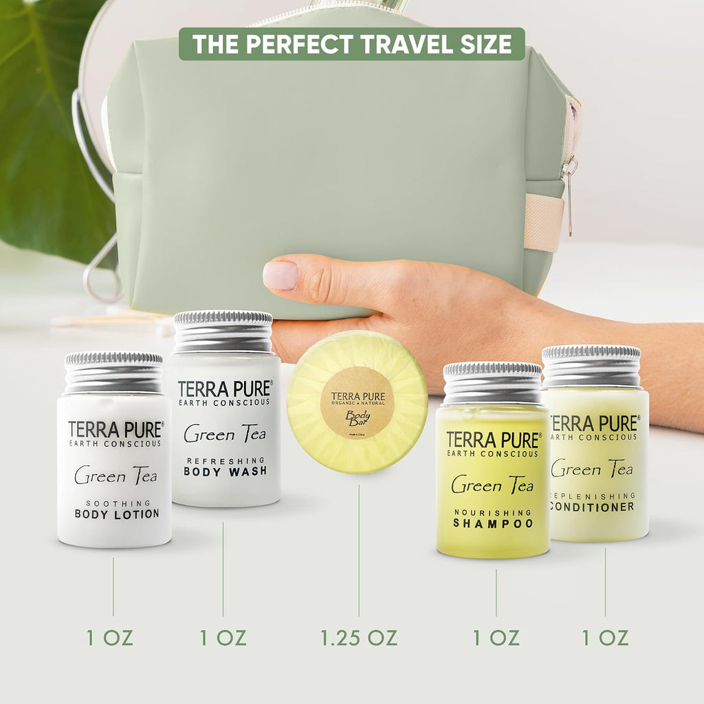 Terra Pure Hotel Soaps & Toiletries Bulk Set | 1-Shoppe Amenities Kit | 1oz Shampoo & Conditioner, Body Wash, Lotion, 1.25oz Bar Soap | Travel Size | 150 Pieces