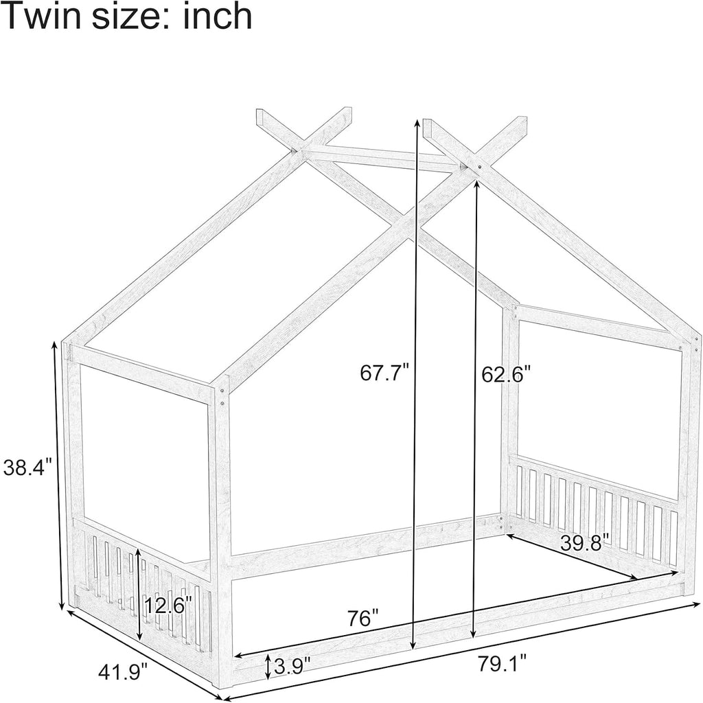 JIVOIT Twin Size House Bed with Roof, Floor Bed Frame with Headboard and Footboard, Wooden House Bed Fence Bed, Easy Assembly (White/Twin,93)