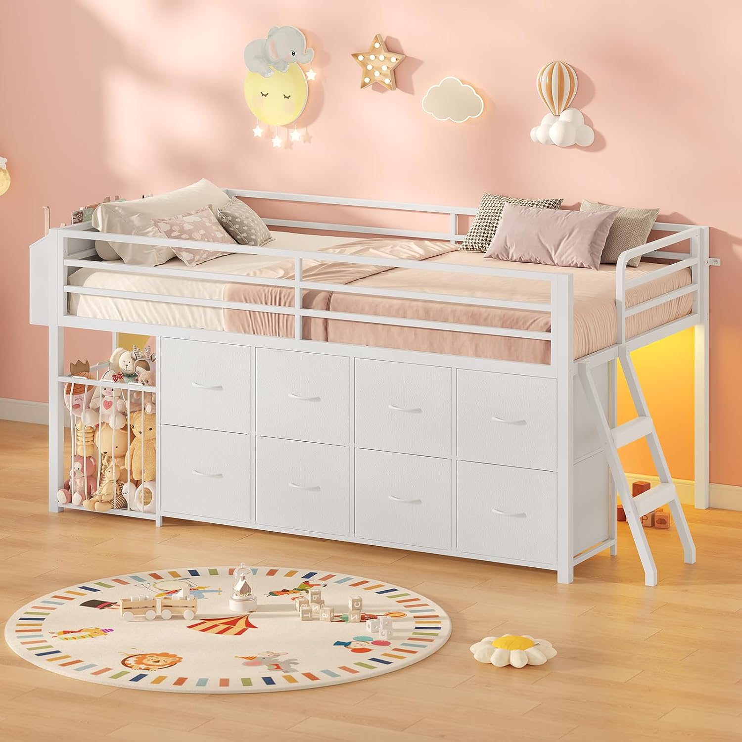 UPOSOJA Twin Size Low Loft Bed with RGB Lights & Play Zone, 8 XL Drawers, Kids Play Loft with 2-Step Ladder & Anti-Tip Kit (White)