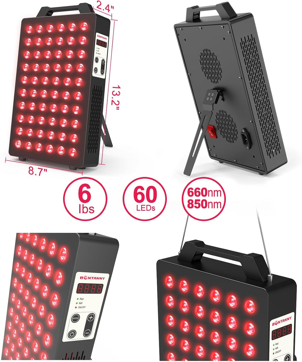 BONTANNY Red Light Therapy, 660nm 850nm 2-Wavelength Red Near Infrared Light Device with 60 Dual Chip Clinical Grade LEDs, Remote Control, Timer for Face, Body, Skin, Pain Relief, BO-300 (Black)