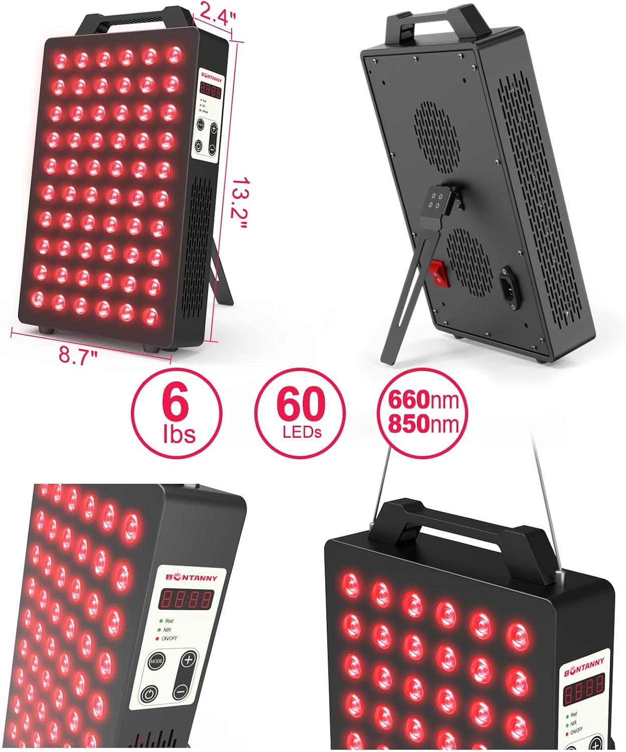 BONTANNY Red Light Therapy, 660nm 850nm 2-Wavelength Red Near Infrared Light Device with 60 Dual Chip Clinical Grade LEDs, Remote Control, Timer for Face, Body, Skin, Pain Relief, BO-300 (Black)