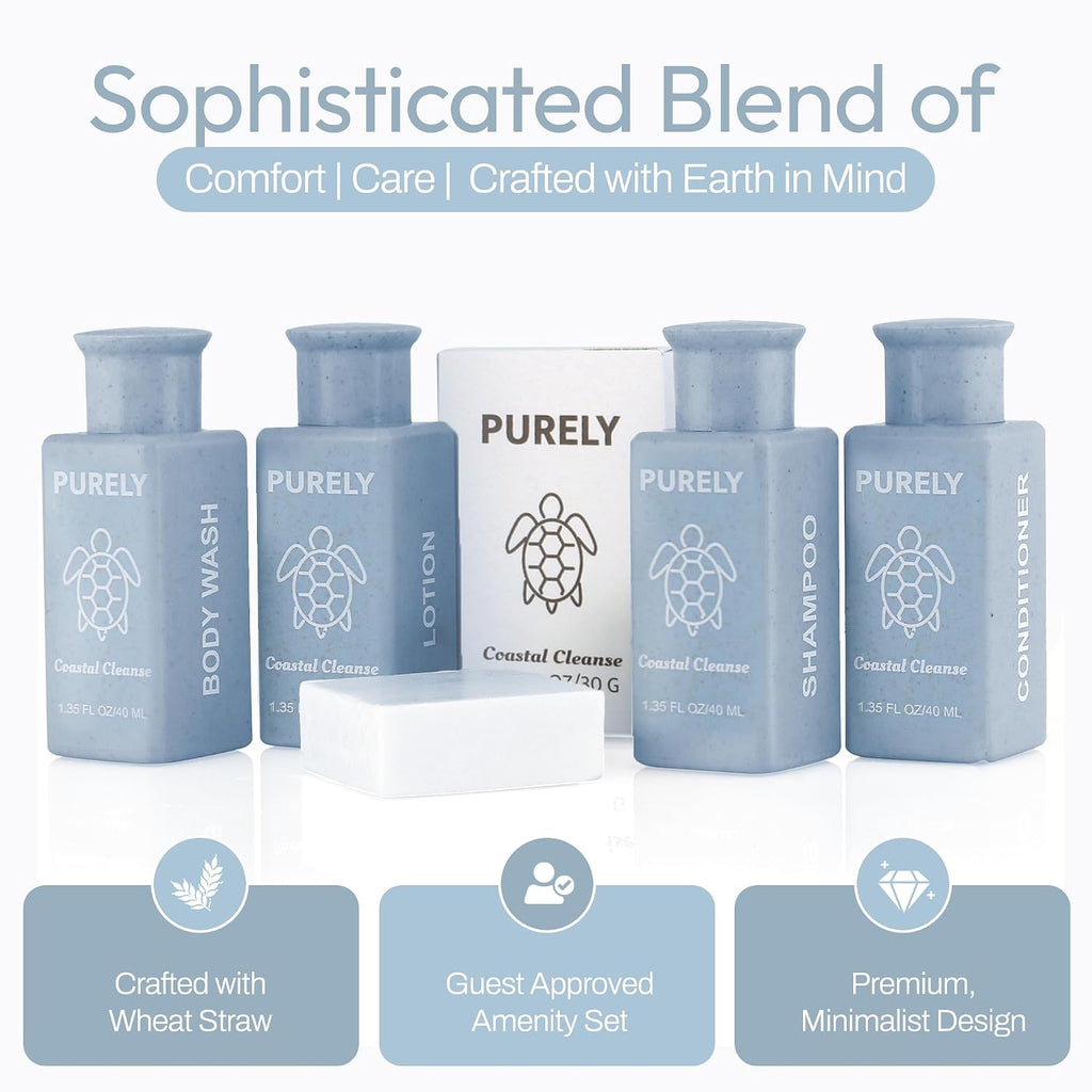 Purely | 150pc set | Hotel Soaps and Toiletries Bulk set | Airbnb Essentials for Hosts | Mini Travel Size Shampoo and Conditioner Sets | Bulk Travel Size Toiletries | Homeless Supplies Bulk