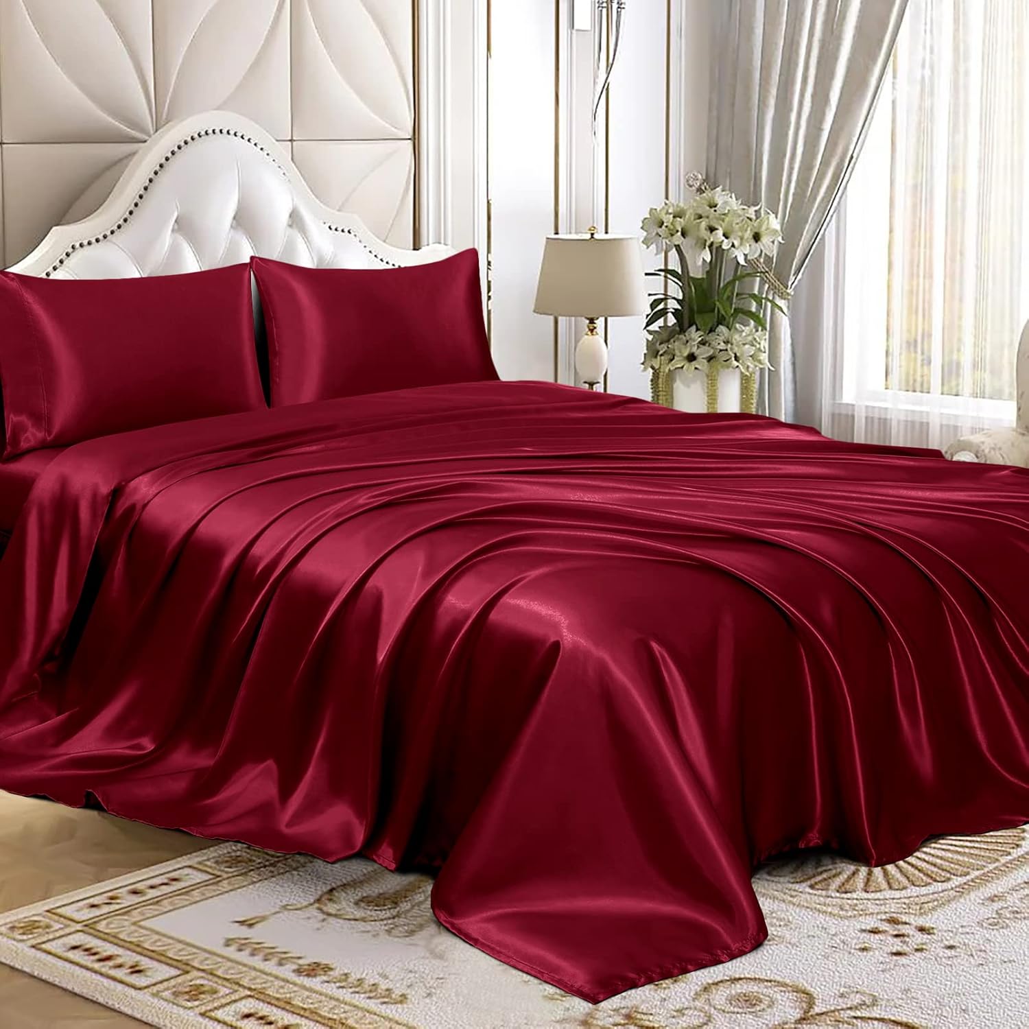 Twin XL Size 4-Piece Sheet Set Premium Mulberry Silk Bed Sheets Set Fits 14-16' Deep Pocket - Luxurious Soft Silk (Solid, Burgundy)