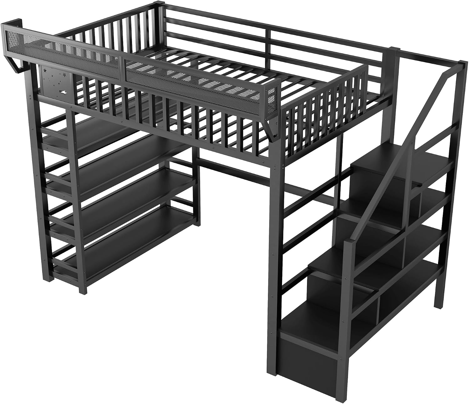 JIVOIT Metal Full Loft Bed with 4 Shelf Storage Rack, Stairs Storage, Open Shelves for Upper, Space-Saving Full Loft Bed with Guardrails and Metal Slats Support for Kids Teens (Black/1)