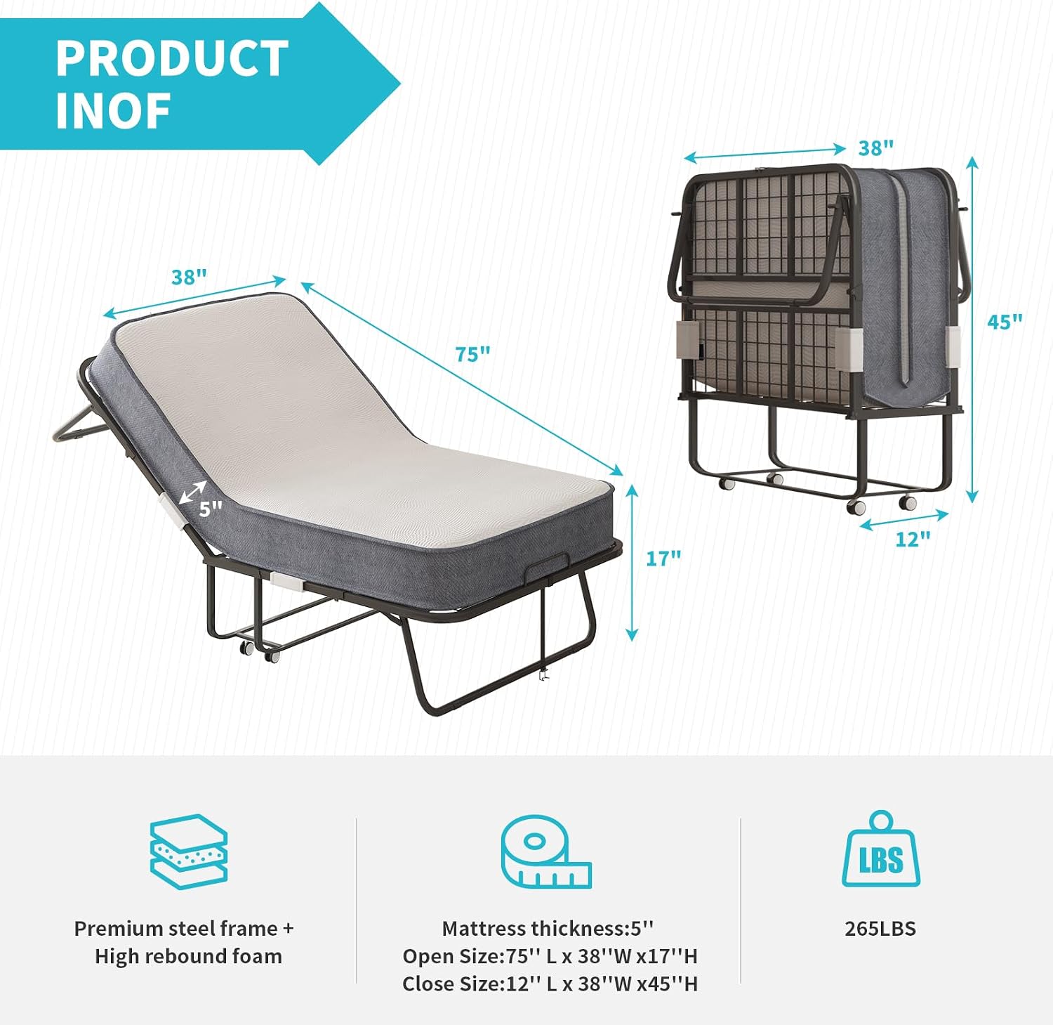 BALUS Folding Bed with Mattress for Adults, Rollaway Bed with Wheels and Memory Foam Mattress, 75'x38' Portable Fold Up Beds Metal Frame for Guest Room Space Saving, Easy Assembly & Moving(Standard)