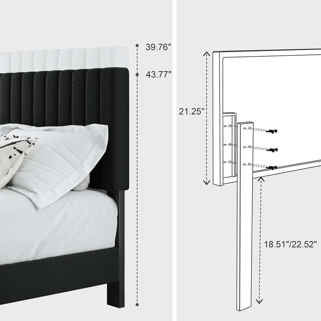 Full Bed Frame, Velvet Upholstered Platform Bed Frame with Adjustable Headboard, Vertical Quilted Design, Sturdy Slatted Mattress Base, Easy to Assemble, Black