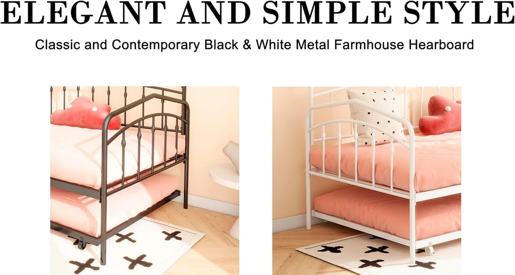 Twin Daybed with Trundle,Metal Sofa Bed Set,Rollaway Daybed Couch Bed Frame for Bedroom Living Room Guest Room White