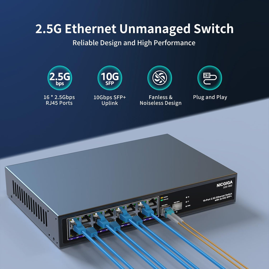 16 Port 2.5G + 2 Port 10G SFP+ Ethernet Switch, NICGIGA 18 Port 2.5Gb Network Switch Unmanaged, Plug & Play, Desktop or 19-inch Rack Mount, Fanless Metal Design.