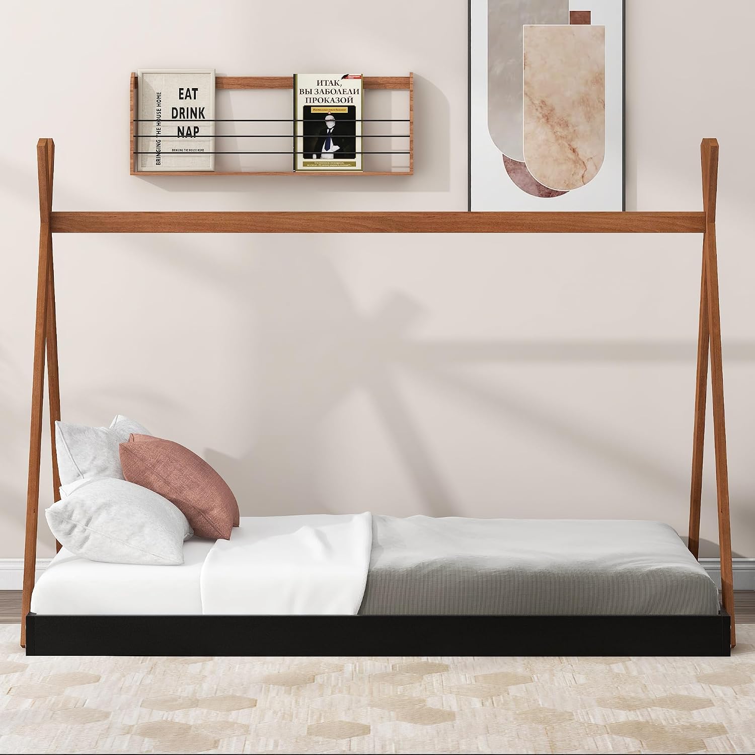 Twin Size Tent Floor Bed with Triangle Structure, Wood Floor Bed Frame, Twin Size Montessori Bed Playhouse House Platform Bed with X-Shaped Safety Railings for Kids Boys Girls (Black+Brown & Twin)