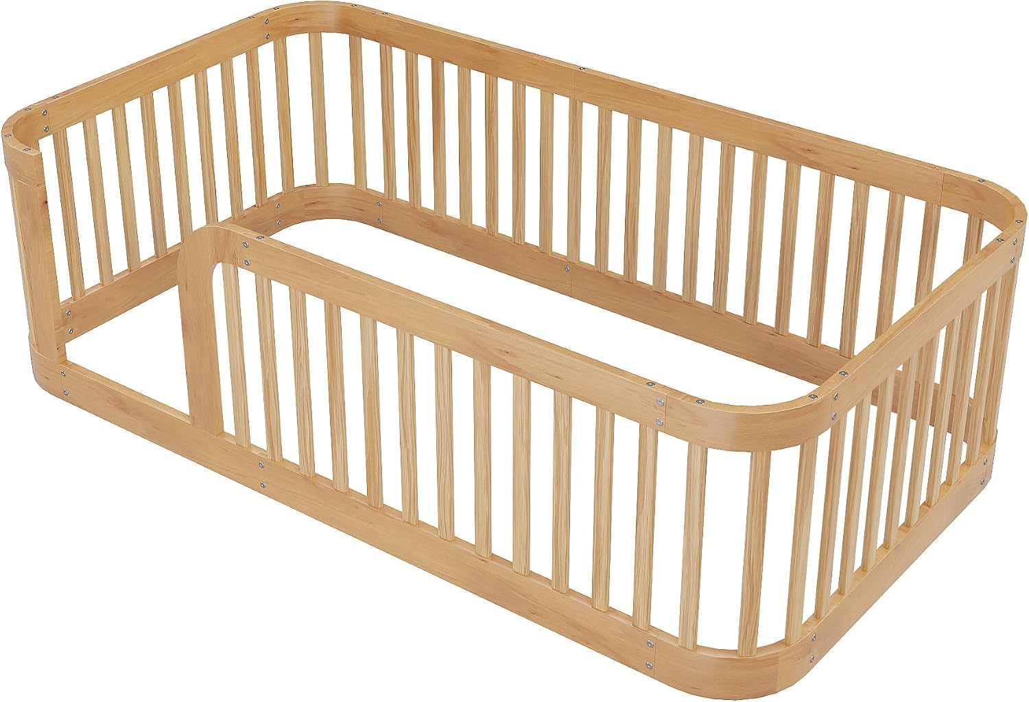 JIVOIT Twin Size Floor Bed Frame with Fence, Wood Montessori Floor Bed with Safety Guardrail, Easy Assembly (Natural/124)