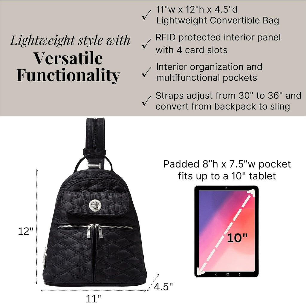 Baggallini Naples Convertible Backpack - Travel Sling Crossbody - 12' Nylon Handbag w/RFID & Padded Tablet Sleeve