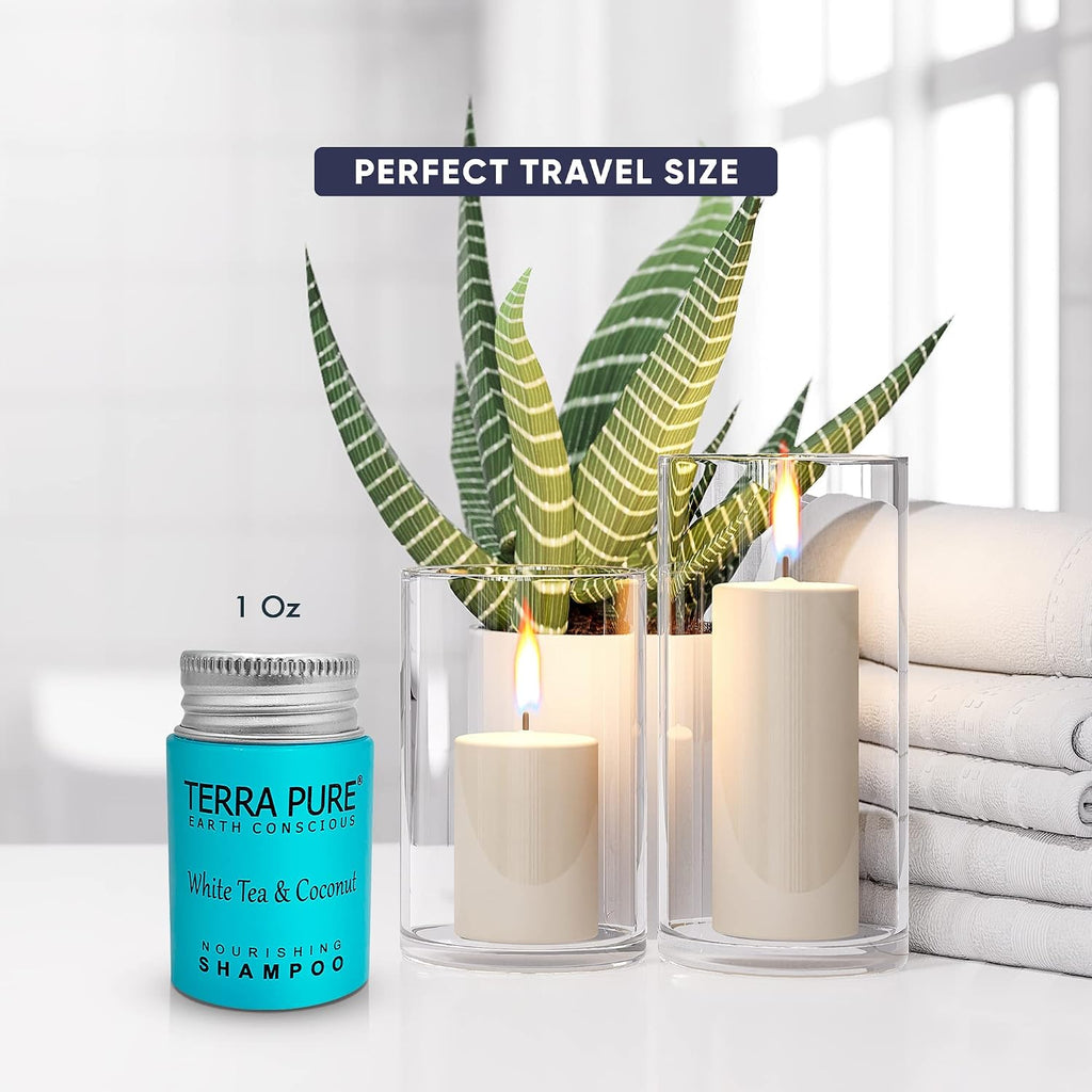 Terra Pure Travel Size Hotel Shampoo 300 Count 1 oz Bottles Guest Amenities for Hotels Vacation Rentals and Short Term Rentals Paraben Free White Tea and Coconut Scent Infused with Aloe & Olive Oil