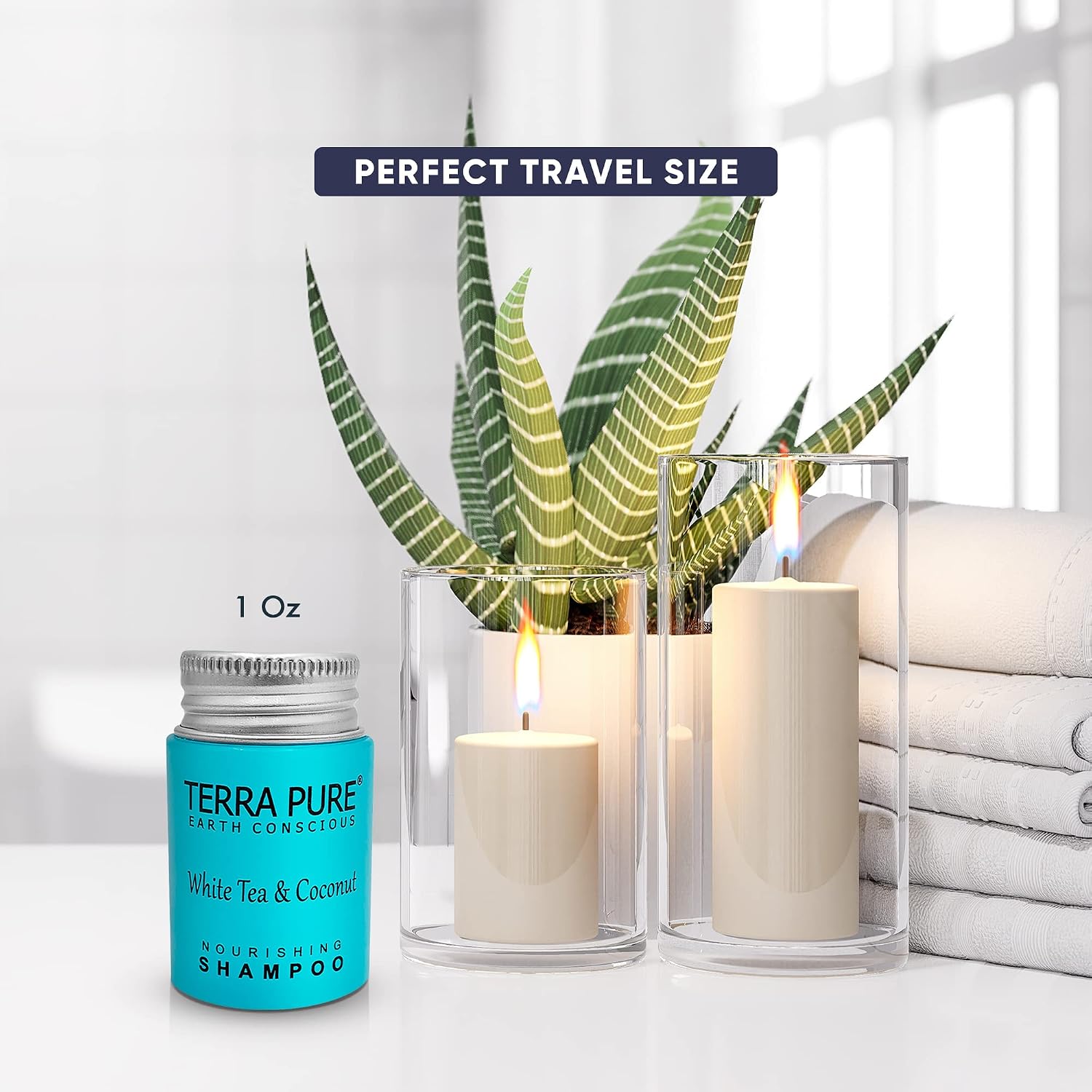 Terra Pure Travel Size Hotel Shampoo 300 Count 1 oz Bottles Guest Amenities for Hotels Vacation Rentals and Short Term Rentals Paraben Free White Tea and Coconut Scent Infused with Aloe & Olive Oil