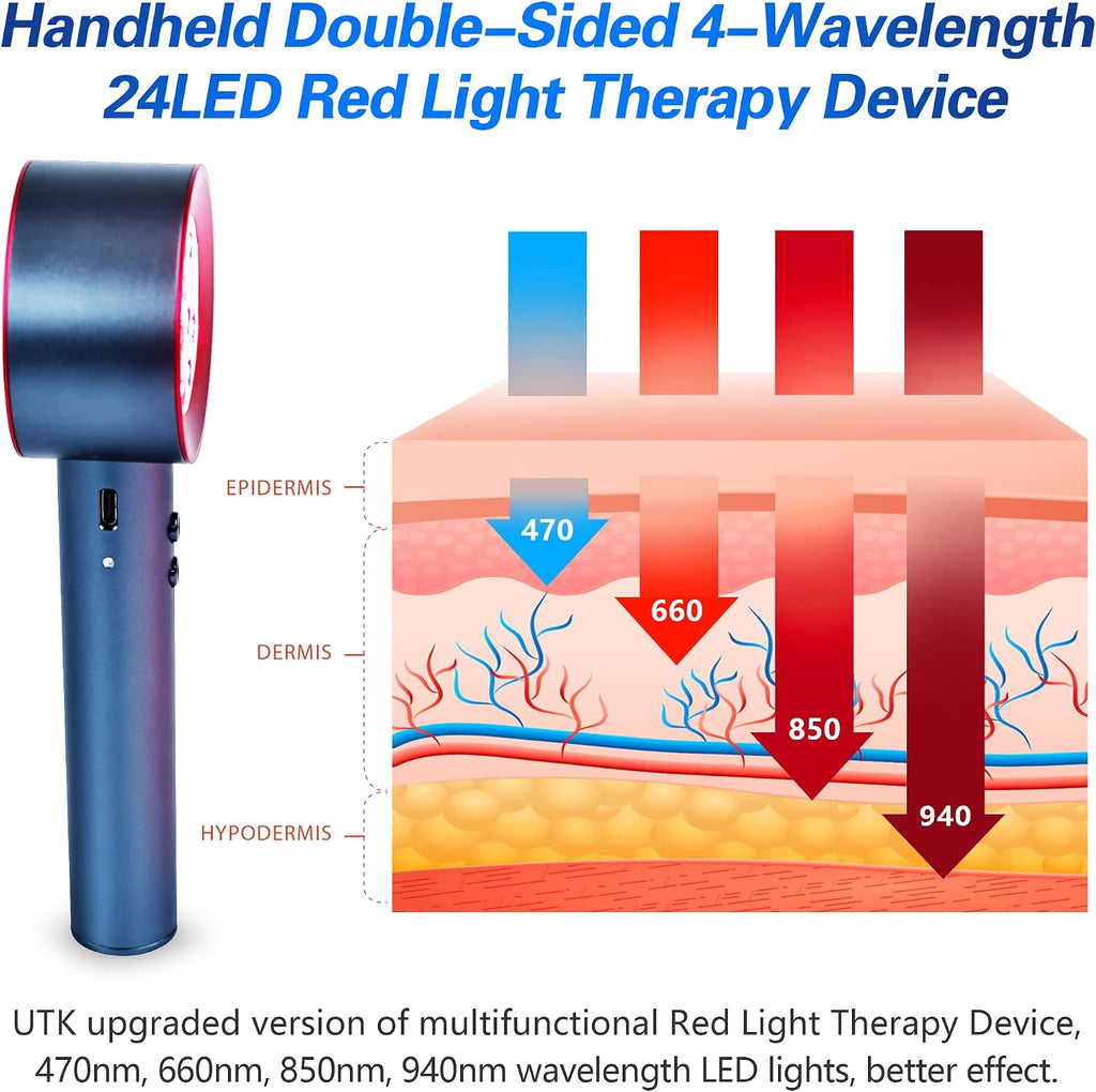 UTK Upgrade High Power 24 LED Red Light Therapy Device with 470/660/850/940nm Wavelength, Blue Red＆Near-Infrared Handheld Light Therapy, Relieve Body Pain Deeply, Facial Skin Care