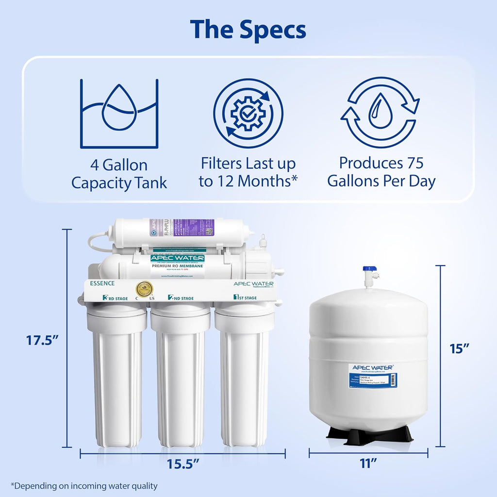 APEC Water ROES-PH75X 6-Stage Alkaline Under Sink Reverse Osmosis Water Filter System, NSF Cetified 372 & 58, 75 GPD, with Extra High Capacity Pre-Filter Set Stage 1-3
